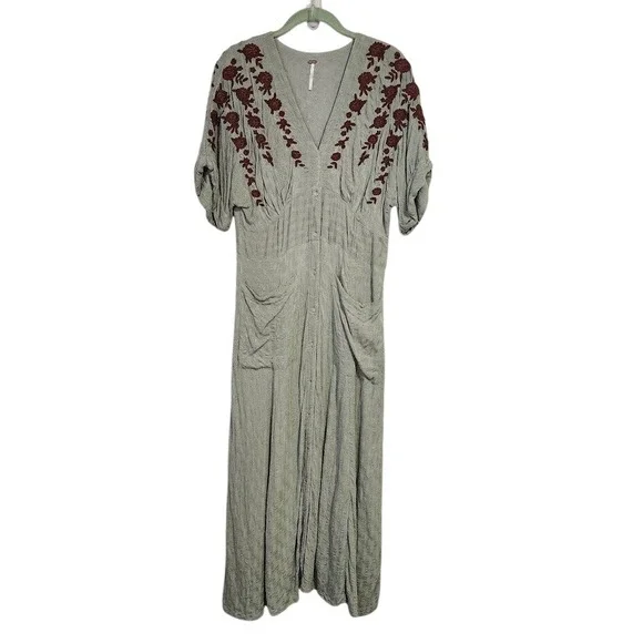 FREE PEOPLE Embroidered Midi Dress Sage Green Boho Festival M - Picture 2 of 12